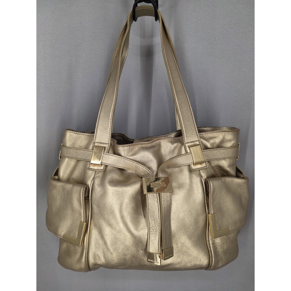 Michael Kors Beverly Metallic Gold Leather Shoulder Satchel Handbag Large